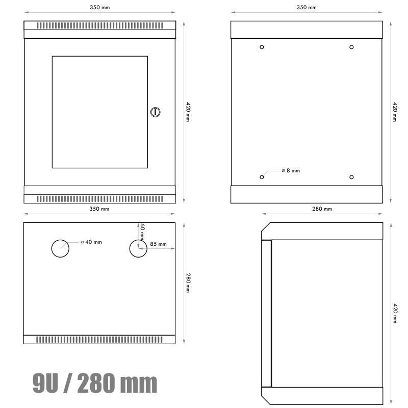 RACK DATACOM 10" nástenný rozvádzač 9U/280 mm 7012