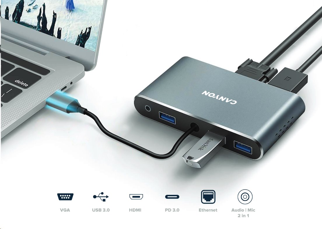 Replikátor portov CANYON DS-14 8v1, 1xUSB-C PD 100W, 1xHDMI (4K), VGA, 3xUSB-A 3.0, RJ45 Gb, 3,5mm jack
