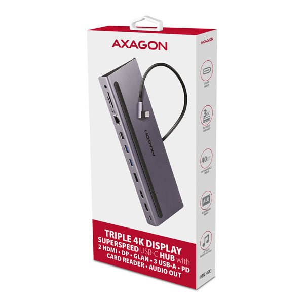 Rozbočovač AXAGON HMC-4KX3 USB 5Gbps, 3x USB-A, 2x HDMI, DP