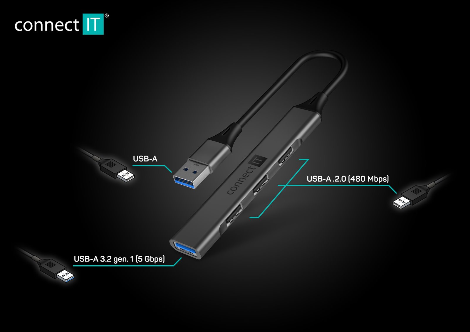 Rozbočovač Connect IT USB-A, (1xUSB-A 3.0, 3xUSB-A 2.0), externý, antracitová
