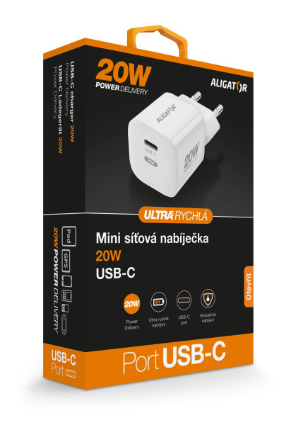 Rychlá nabíječka ALIGATOR Mini, PD 20W USB-C, bílá