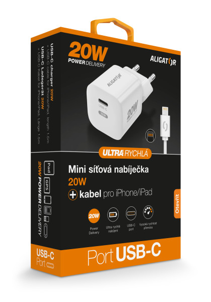 Rychlá nabíječka ALIGATOR Mini, PD 20W, USB-C/Lightning kabel, bílá