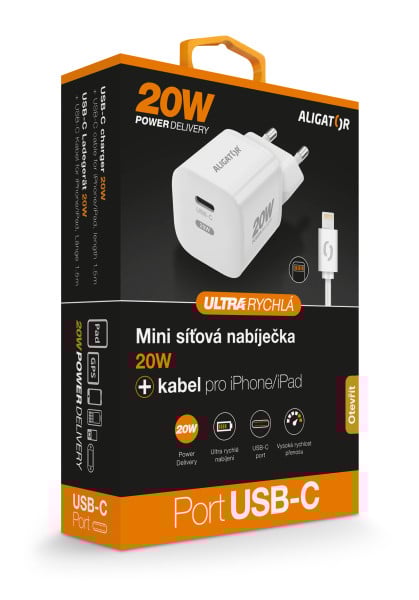 Rychlá nabíječka ALIGATOR Mini, PD 20W, USB-C/Lightning kabel, bílá