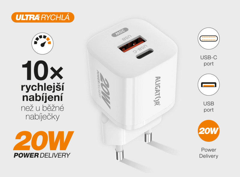 Rychlá nabíječka ALIGATOR Mini, PD 20W USB + USB-C, bílá
