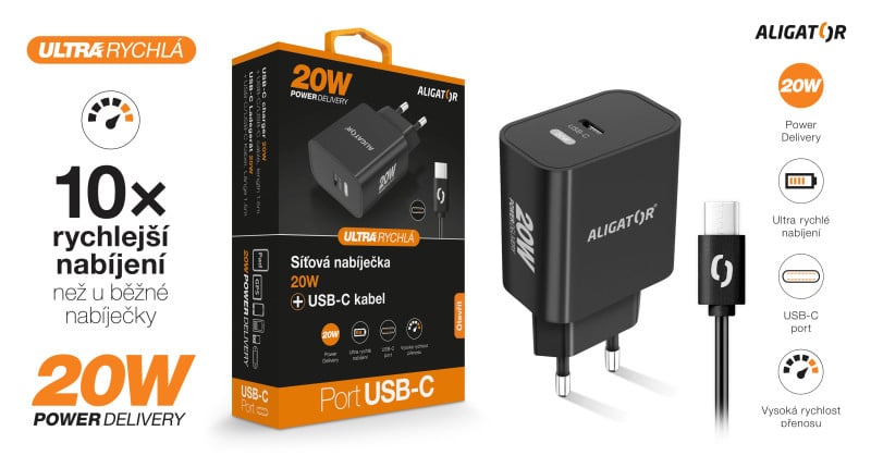 Rychlá nabíječka ALIGATOR PD 20W USB-C, USB-C/USB-C, černá