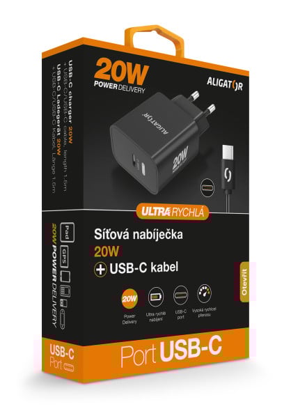 Rychlá nabíječka ALIGATOR PD 20W USB-C, USB-C/USB-C, černá