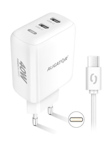 Rychlá nabíječka ALIGATOR, PD 40W, 2xUSB-C, USB-C/USB-C kabel, bílá