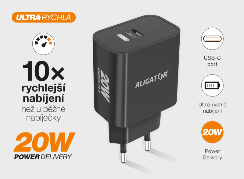 Rychlá nabíječka USB-C ALIGATOR PD 20W s kabelem USB-C/Lightning(iPhone), černá
