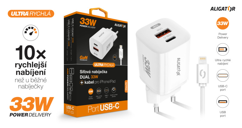 Rýchlonabíjačka ALIGATOR GaN, PD 33 W, kábel USB-C/Lightning, biela