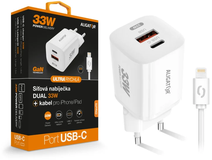 Rýchlonabíjačka ALIGATOR GaN, PD 33 W, kábel USB-C/Lightning, biela