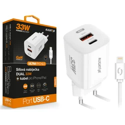 Rýchlonabíjačka ALIGATOR GaN, PD 33 W, kábel USB-C/Lightning, biela