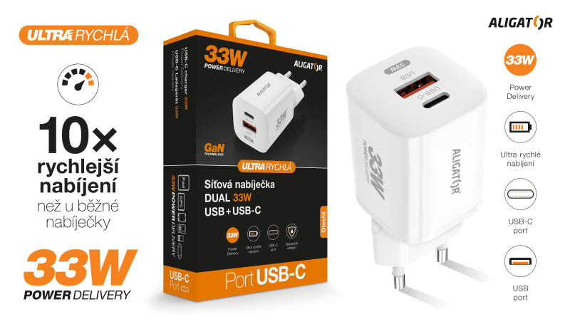 Rýchlonabíjačka ALIGATOR GaN, PD 33W USB + USB-C, biela