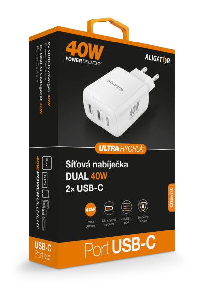 Rýchlonabíjačka ALIGATOR, PD 40W 2xUSB-C, biela
