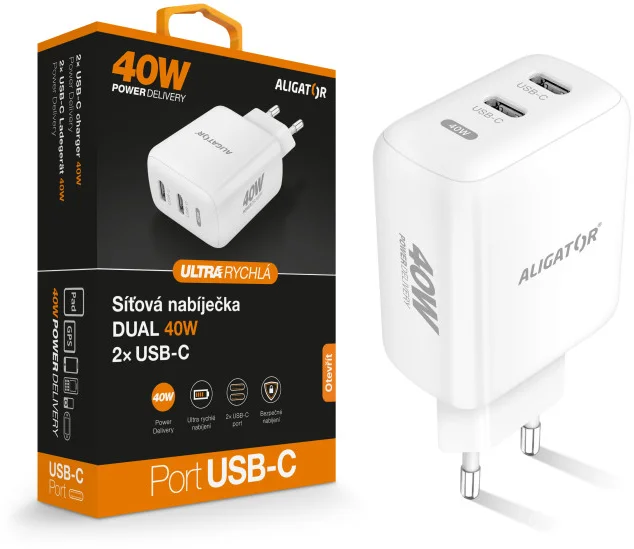 Rýchlonabíjačka ALIGATOR, PD 40W 2xUSB-C, biela