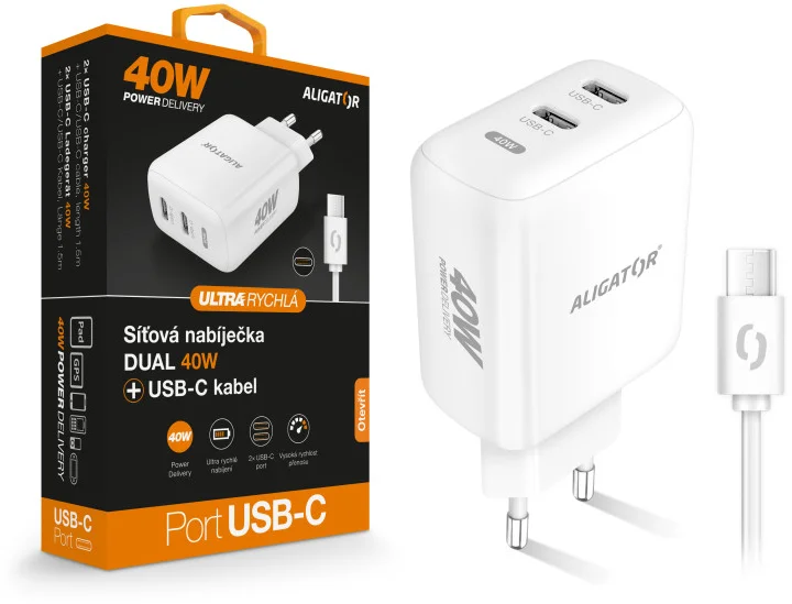 Rýchlonabíjačka ALIGATOR, PD 40W, 2xUSB-C, kábel USB-C/USB-C, biela