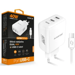 Rýchlonabíjačka ALIGATOR, PD 40W, 2xUSB-C, kábel USB-C/USB-C, biela