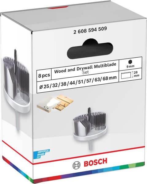 Sada viacúčelových dierovačov na drevo a sadrokartón BOSCH, 25; 32; 38; 44; 51; 57; 63; 68 × 28 mm (2.608.594.509)
