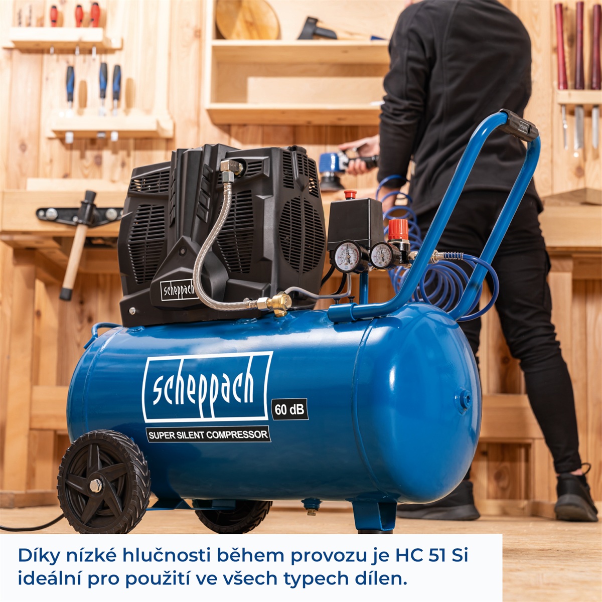 Scheppach HC 51 Si – tichý bezolejový dvojvalcový kompresor s objemom 50 l