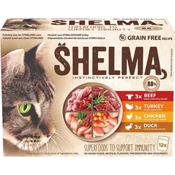 SHELMA Cat kuracie, hovädzie, kačacie a morčacie mäso, kapsička 85 g (12 balení)