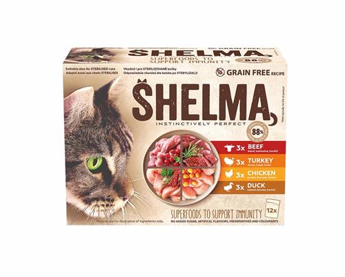 SHELMA Cat kuřecí, hovězí, kachní a krůtí, kapsička 12x 85 g (12 pack)