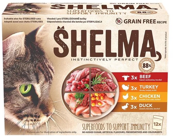 SHELMA Cat kuřecí, hovězí, kachní a krůtí, kapsička 12x 85 g (12 pack)