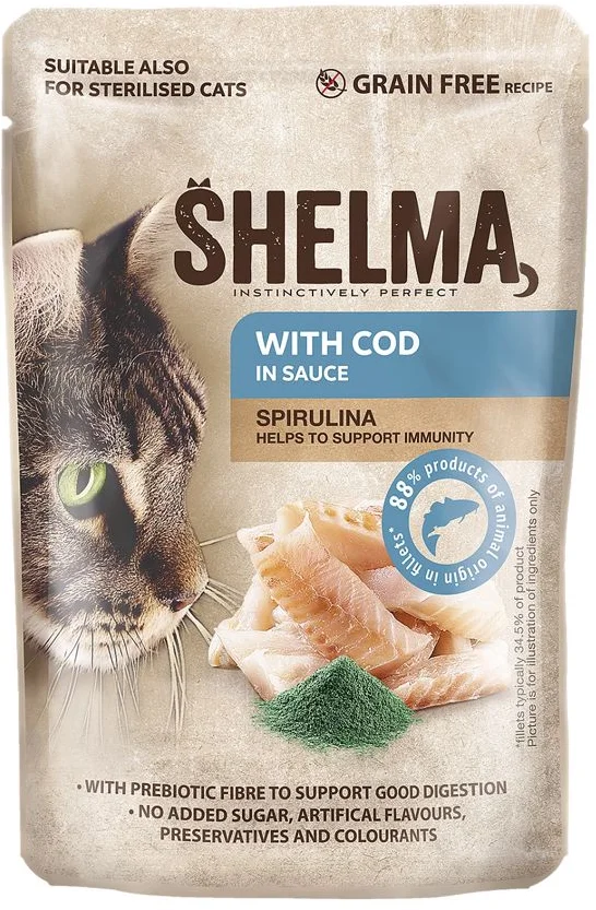 SHELMA Cat treska se spirulinou v omáčce, kapsička 85 g