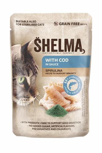 SHELMA Treska mačacia so spirulinou v omáčke, vrecko 85 g