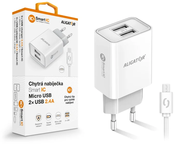 Sieťová nabíjačka ALIGATOR MicroUSB 2xUSB 2,4A, smart IC, biela