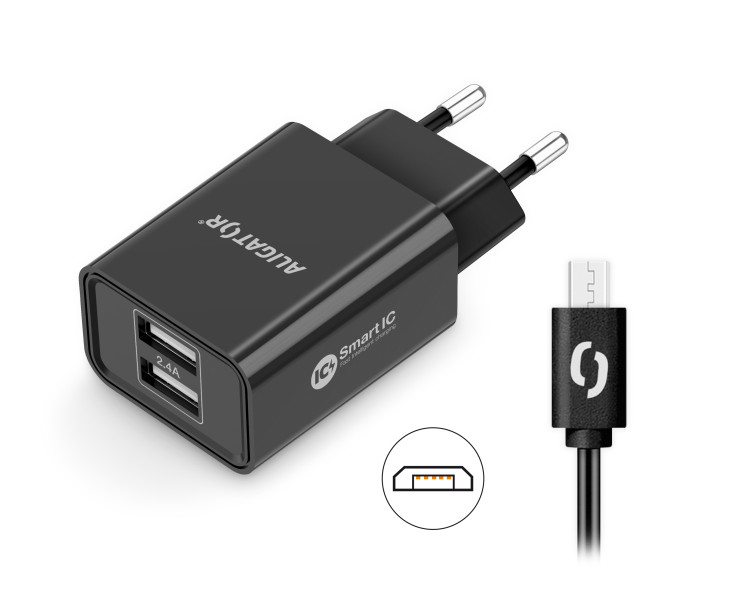 Sieťová nabíjačka ALIGATOR MicroUSB 2xUSB 2,4A, smart IC, čierna