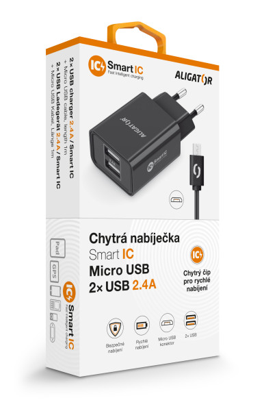 Sieťová nabíjačka ALIGATOR MicroUSB 2xUSB 2,4A, smart IC, čierna