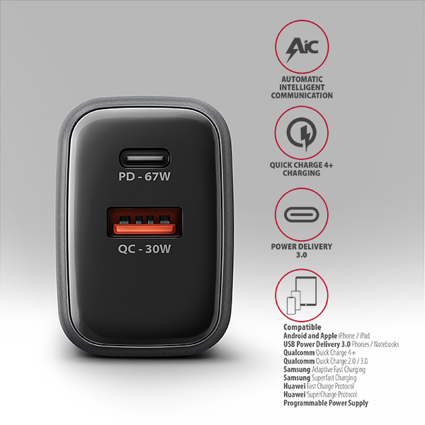 Sieťová nabíjačka AXAGON ACU-PQ67 GaN 67 W, USB-A + USB-C, PD3.0/PPS/QC4+/SFC2.0/Apple