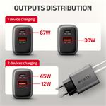 Sieťová nabíjačka AXAGON ACU-PQ67D GaN 67 W, USB-A + USB-C, PD3.0/PPS/QC4+/SFC2.0/Apple, LCD displej