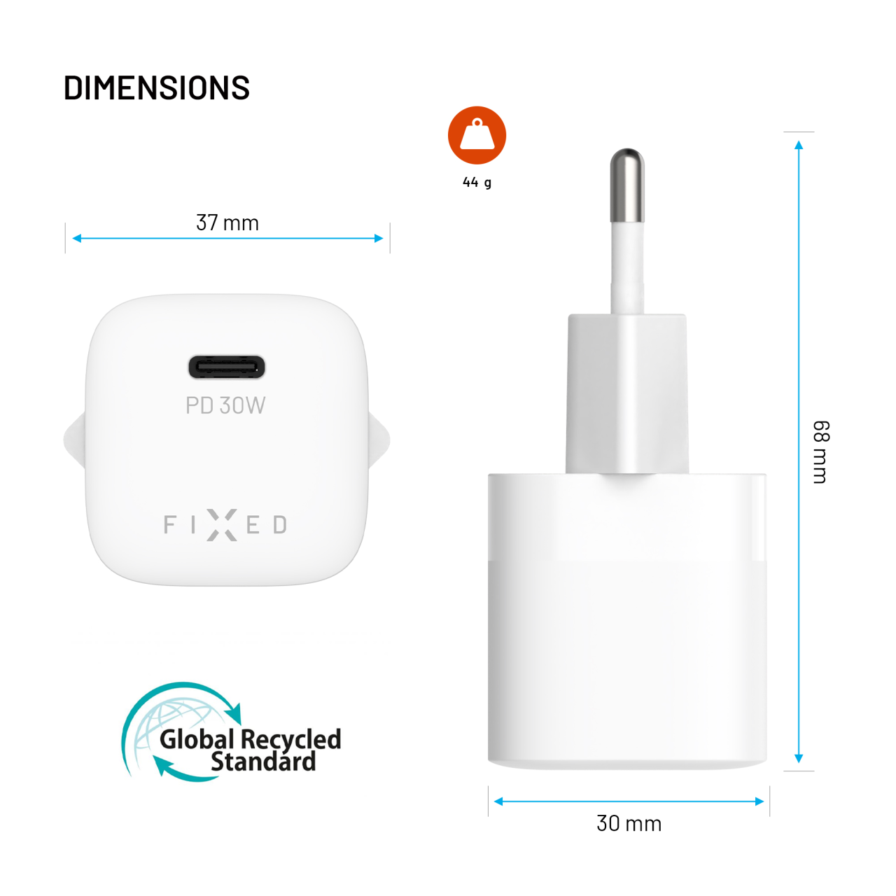 Sieťová nabíjačka FIXED Mini GaN s výstupom USB-C a podporou PD, 30 W, biela