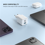 Síťová GaN nabíječka FIXED Mini s 2xUSB-C a USB, podpora PD, 65W, bílá