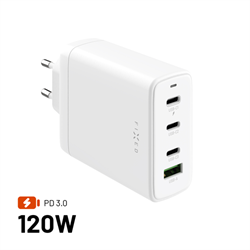 Síťová GaN nabíječka FIXED s 3xUSB-C a USB, podpora PD 3.0, 120W, bílá