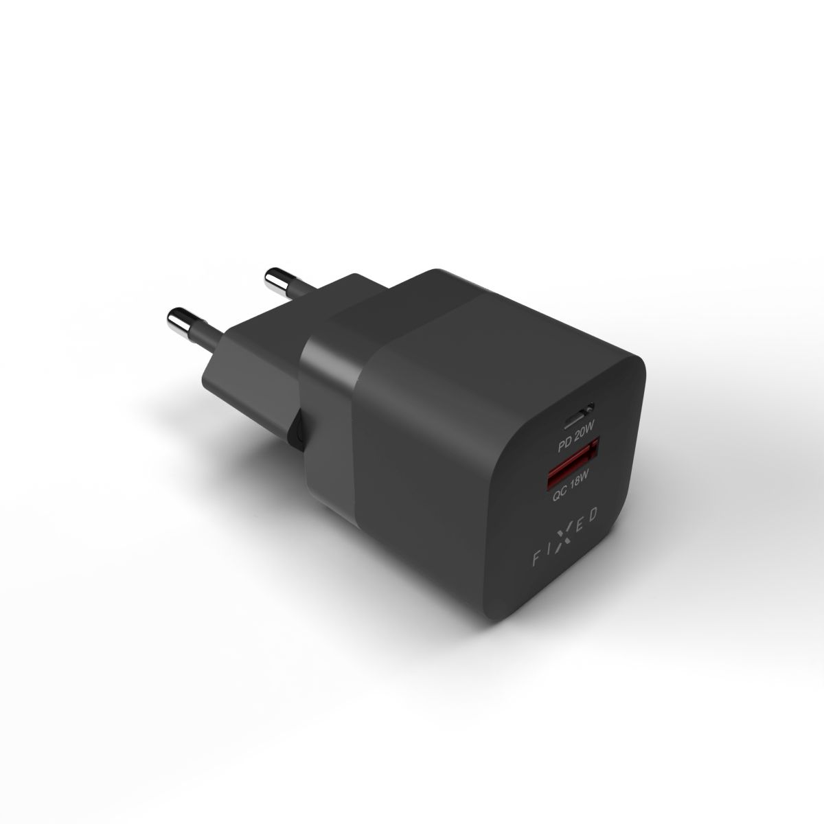 Síťová nabíječka FIXED Mini s USB-C a USB výstupem, podpora PD a QC 3.0, 20W, černý
