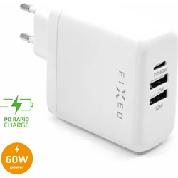 Síťová nabíječka FIXED s USB-C a 2xUSB výstupem, podpora PD, 60W, bílá