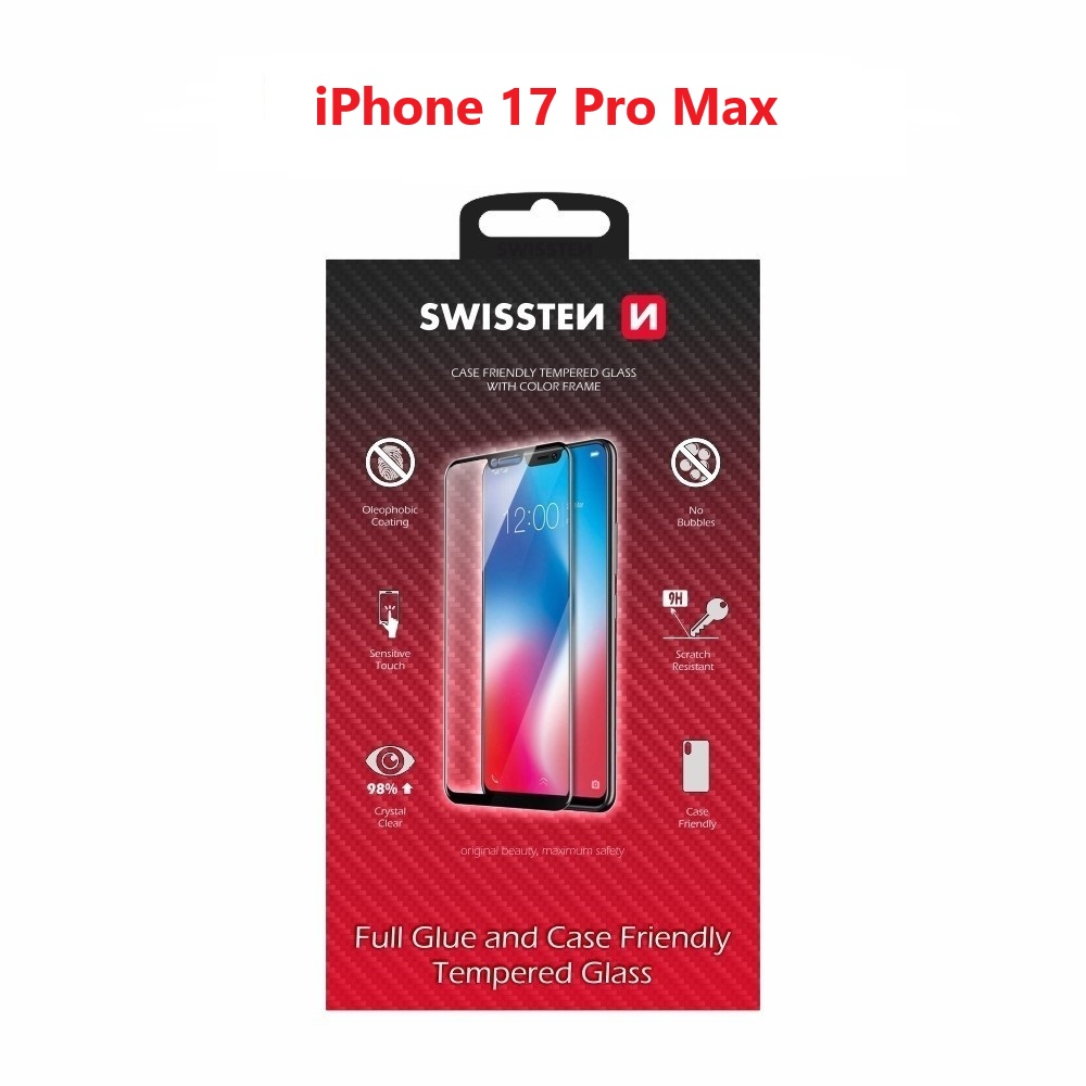 SKLO SWISSTEN PLNÉ LEPIDLO, FAREBNÝ RÁM, PUZDRO VHODNÉ PRE APPLE IPHONE 17 PRO MAX ČIERNE