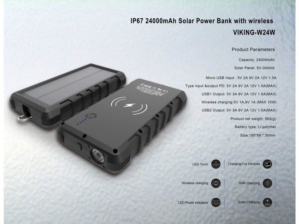 Solárna vonkajšia powerbanka Viking W24W 24000 mAh, bezdrôtové nabíjanie