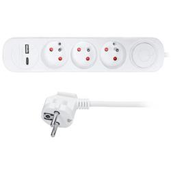 Solight 3z predlžovací kábel s USB A+C nabíjačkou 2,4A, 2m, 3 x 1mm2, biely, vypínač