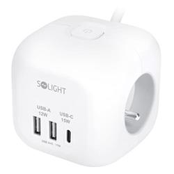 Solight 3z + USB A+C predlžovací kábel - kocka, kábel 2 m, 3 x 1 mm2, biely, vypínač