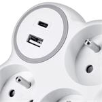 Solight hub, 3x 16A, USB nabíjačka A+C, bielo-sivá