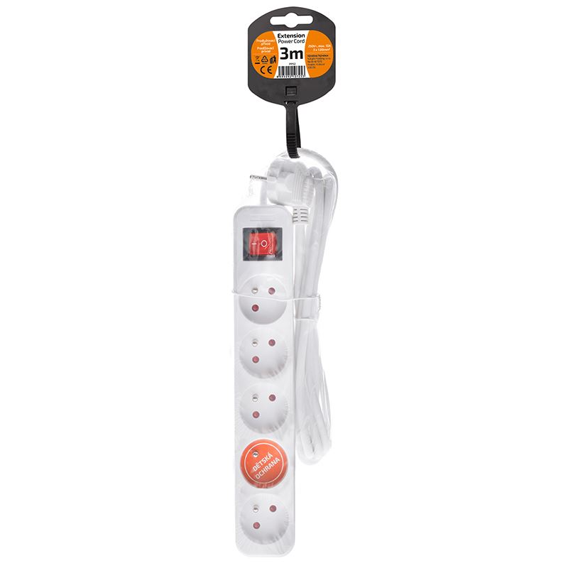 Solight prodlužovací přívod, 5 zásuvek, bílý, vypínač, 3m