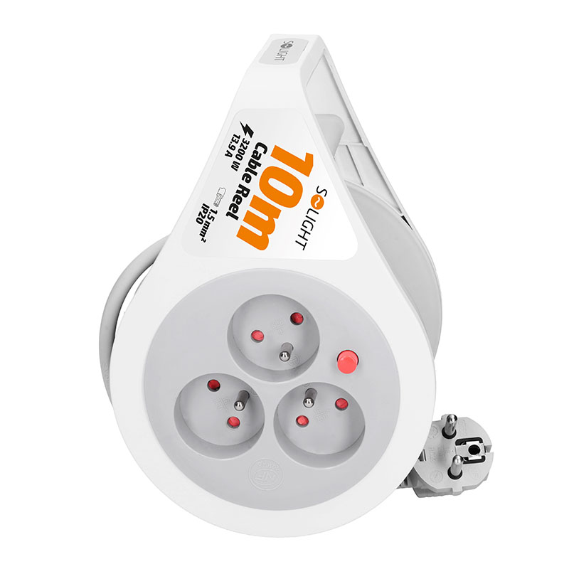 Solight prodlužovací přívod na bubnu 10m, 3 zásuvky, šedý kabel, 3x 1,5mm2