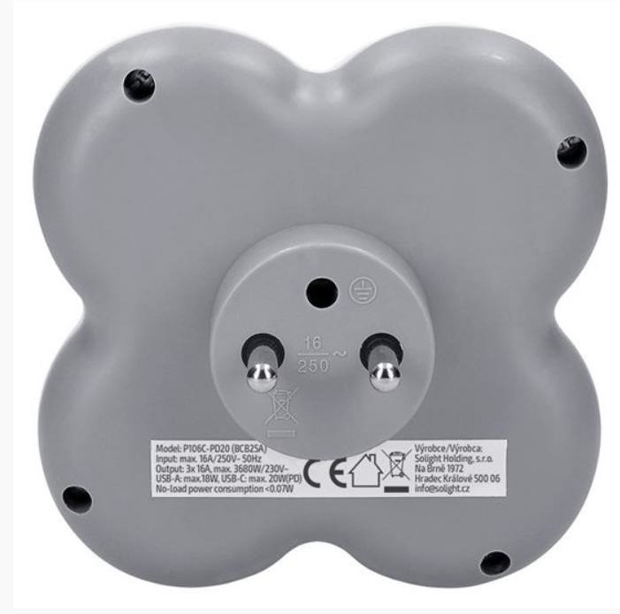 Solight rozbočka, 3x 16A, USB A+C rychlonabíječka 20W PD, bílá-šedá