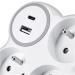 Solight rozbočka, 3x 16A, USB nabíječka A+C, bílá-šedá