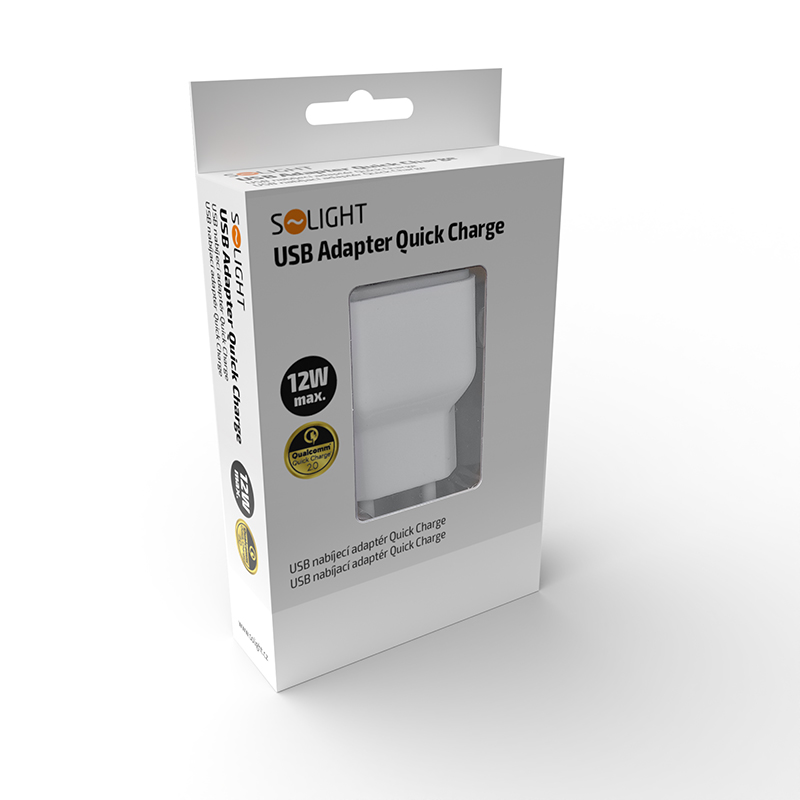 Solight USB nabíjecí adaptér, fast charge: 1x USB Qualcomm, 5V2A/9V1.5A/12V1A, AC 230V, bílošedý