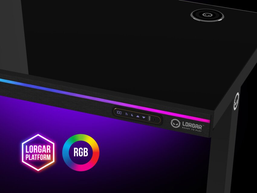 Stôl LORGAR s nastaviteľnou výškou, bezdrôtovou nabíjačkou, osvetlením RGB a portami USB, drevená doska, čierny
