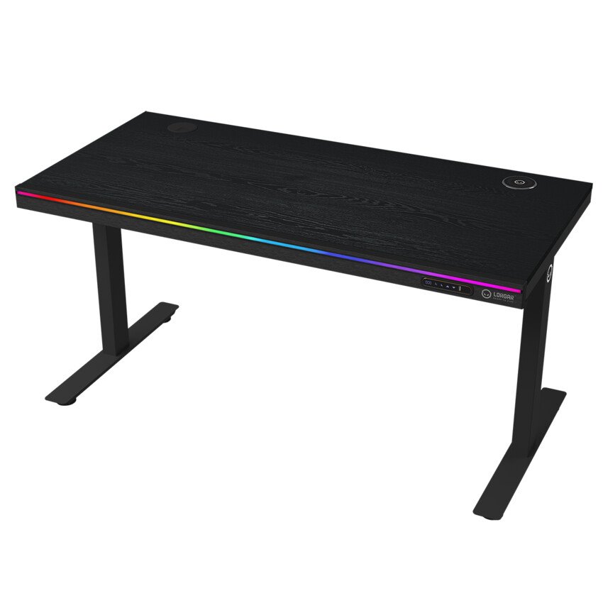 Stôl LORGAR s nastaviteľnou výškou, bezdrôtovou nabíjačkou, osvetlením RGB a portami USB, drevená doska, čierny