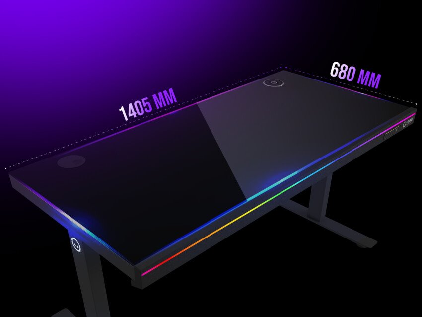 Stôl LORGAR s nastaviteľnou výškou, bezdrôtovou nabíjačkou, osvetlením RGB a portami USB, tvrdené sklo, čierny